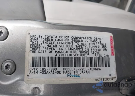 1997 Toyota Camry Le из США, поврежденный, VIN JT2BG22K0V0076817